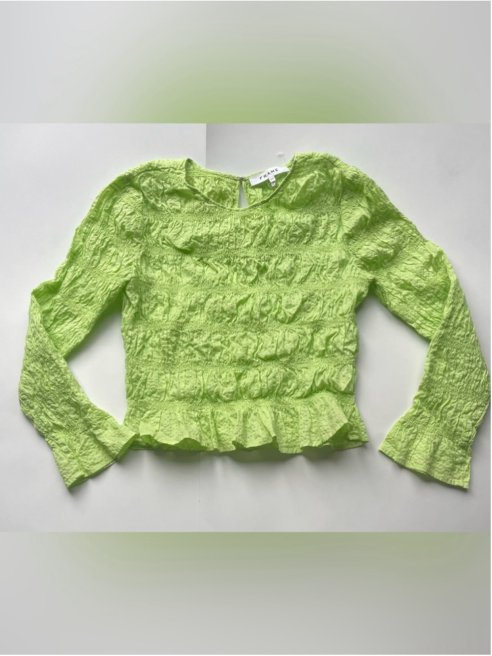 Frame Neon Green Smocked Ruffle Blouse Cotton Long Sleeve Top Small - Picture 3 of 7
